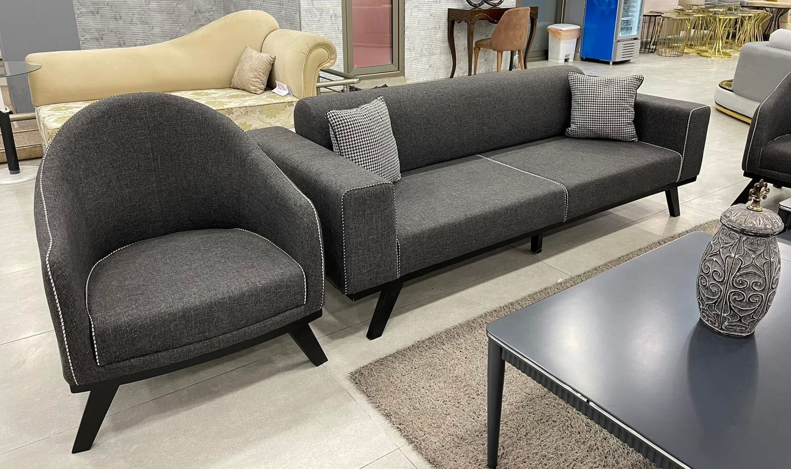 Charcoal Fabric Sofa & Armchair with Coffee Table