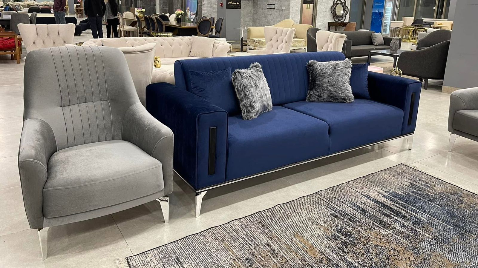 Navy Velvet 3-Seater Sofa with Armchair