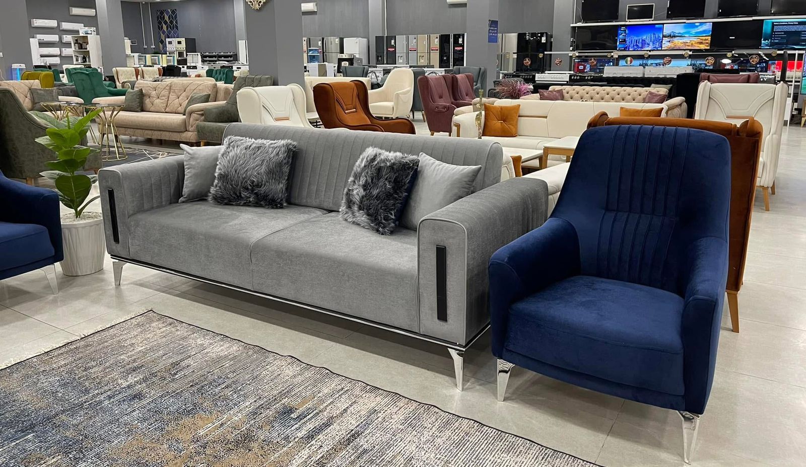Grey Velvet 3-Seater Sofa with Armchair