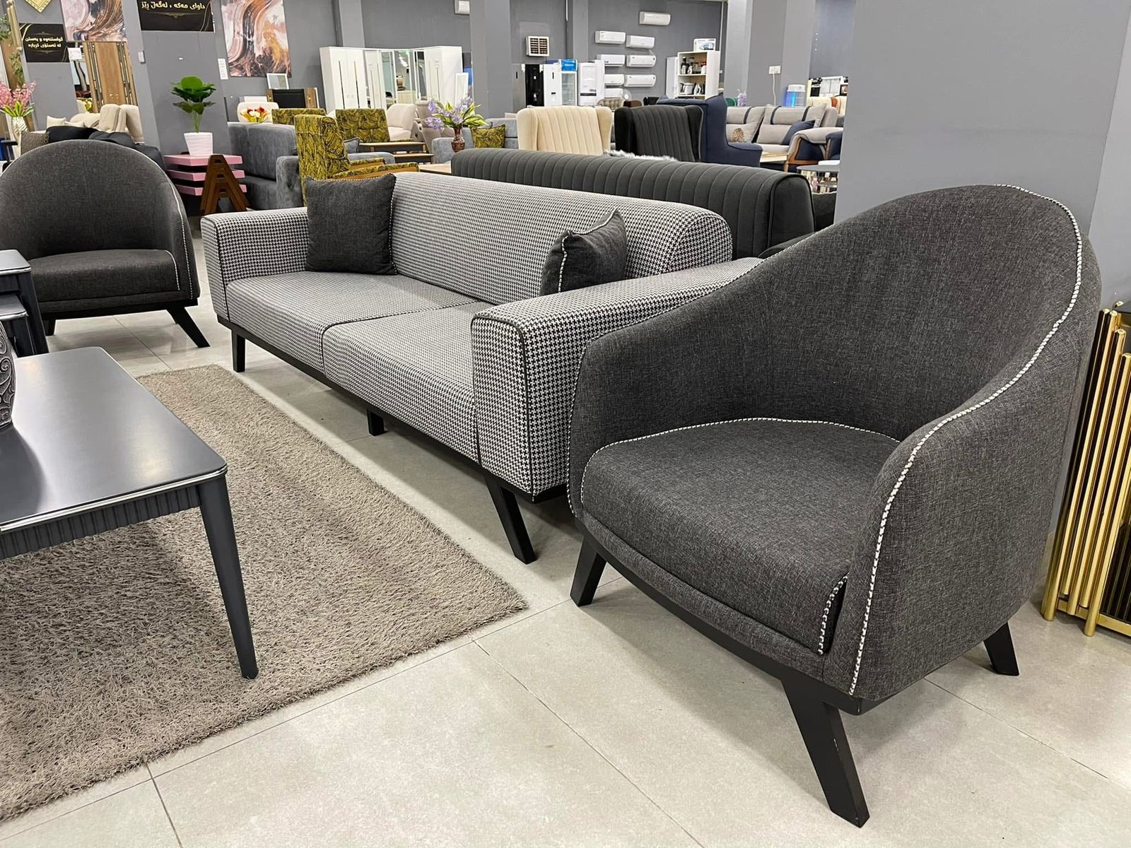Houndstooth Sofa with Charcoal Tub Chairs