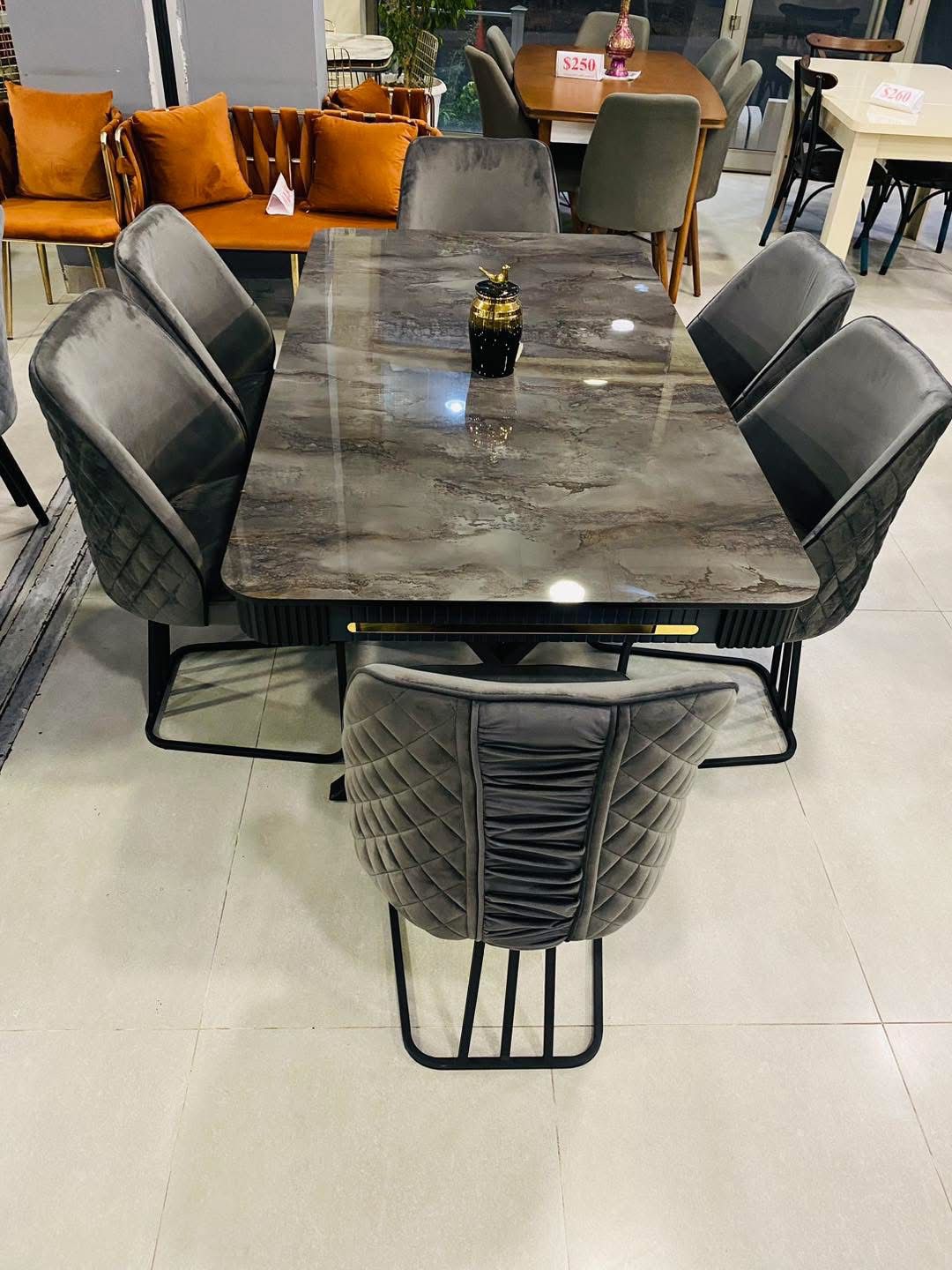 Marble-Effect Dining Table with 6 Velvet Chairs
